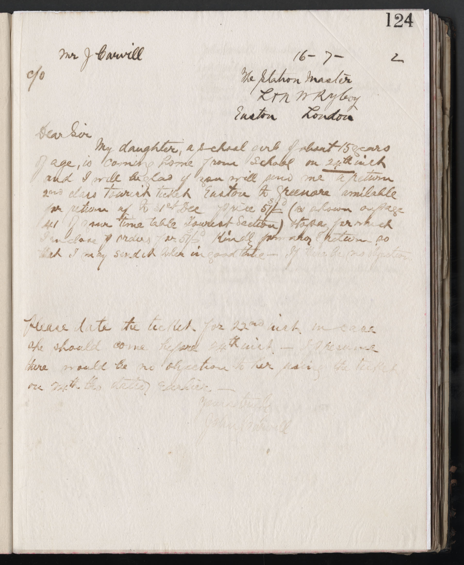 Carvill Letter Books, 1902, page 124 - Letter from J Carvill to The Station Master, dated 16-7-02