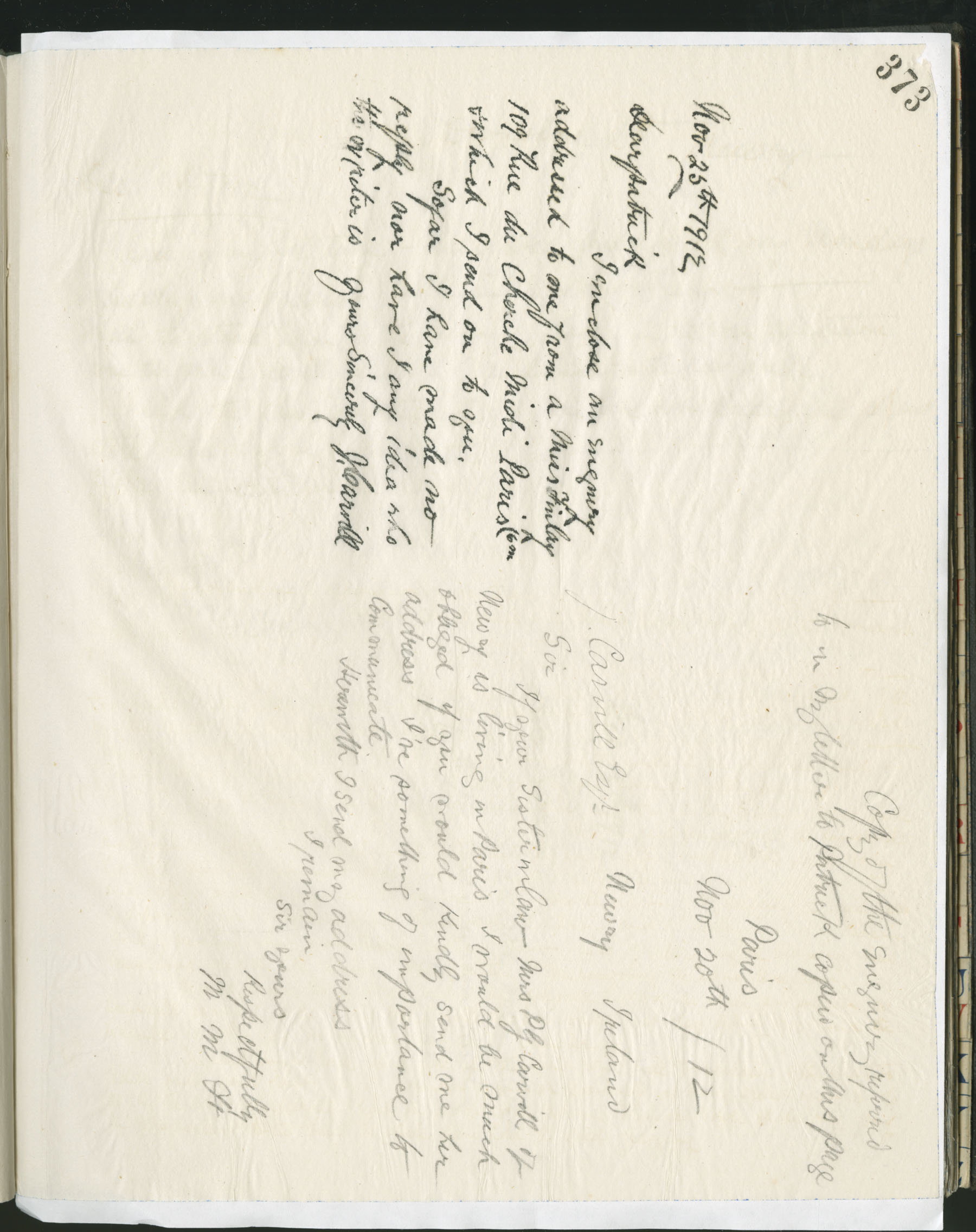 Carvill Letter Books, 1912, page 373 - Letter from J Carvill to his brother Patrick, dated 25 Nov 1912 &amp; copy of 2nd letter enclosed.