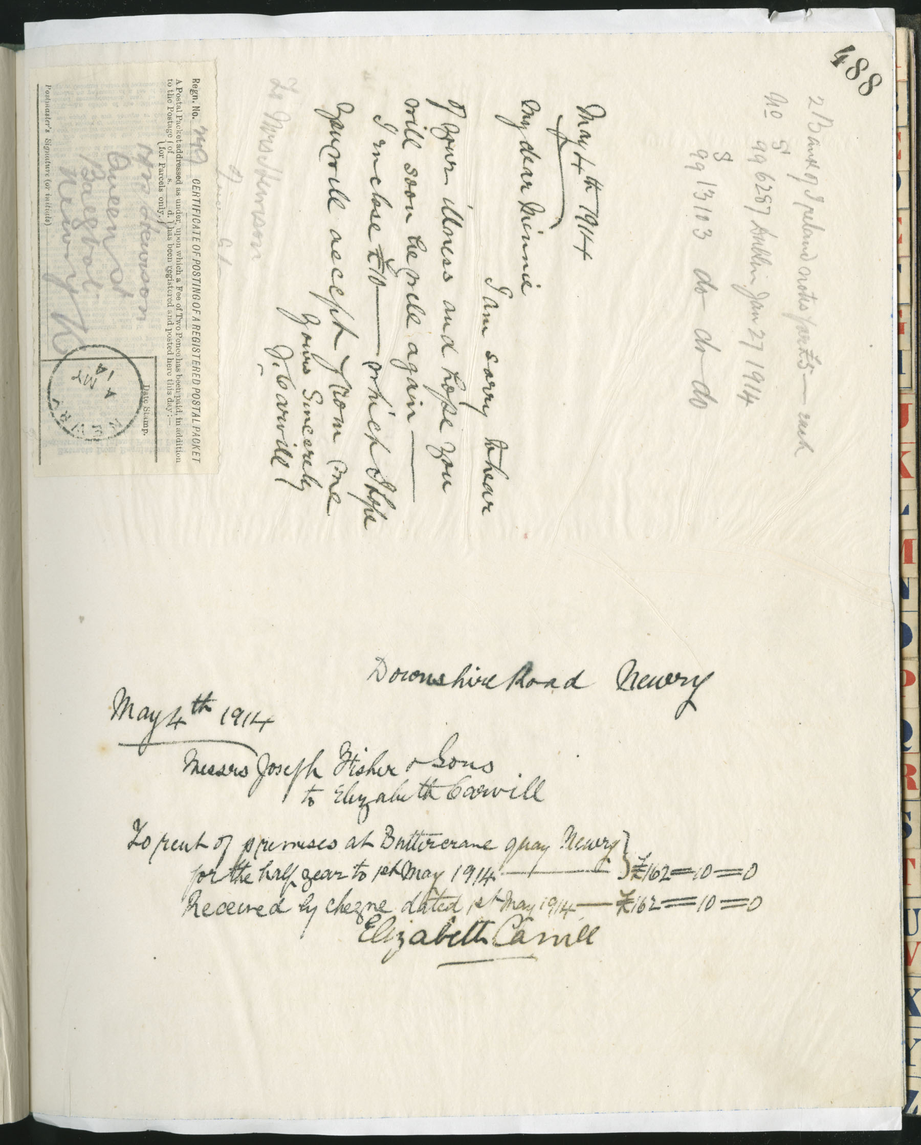 Carvill Letter Books, 1914, page 488 - Letter from J Carvill to Minnie, dated 4 May 1914.  Top letter only.
