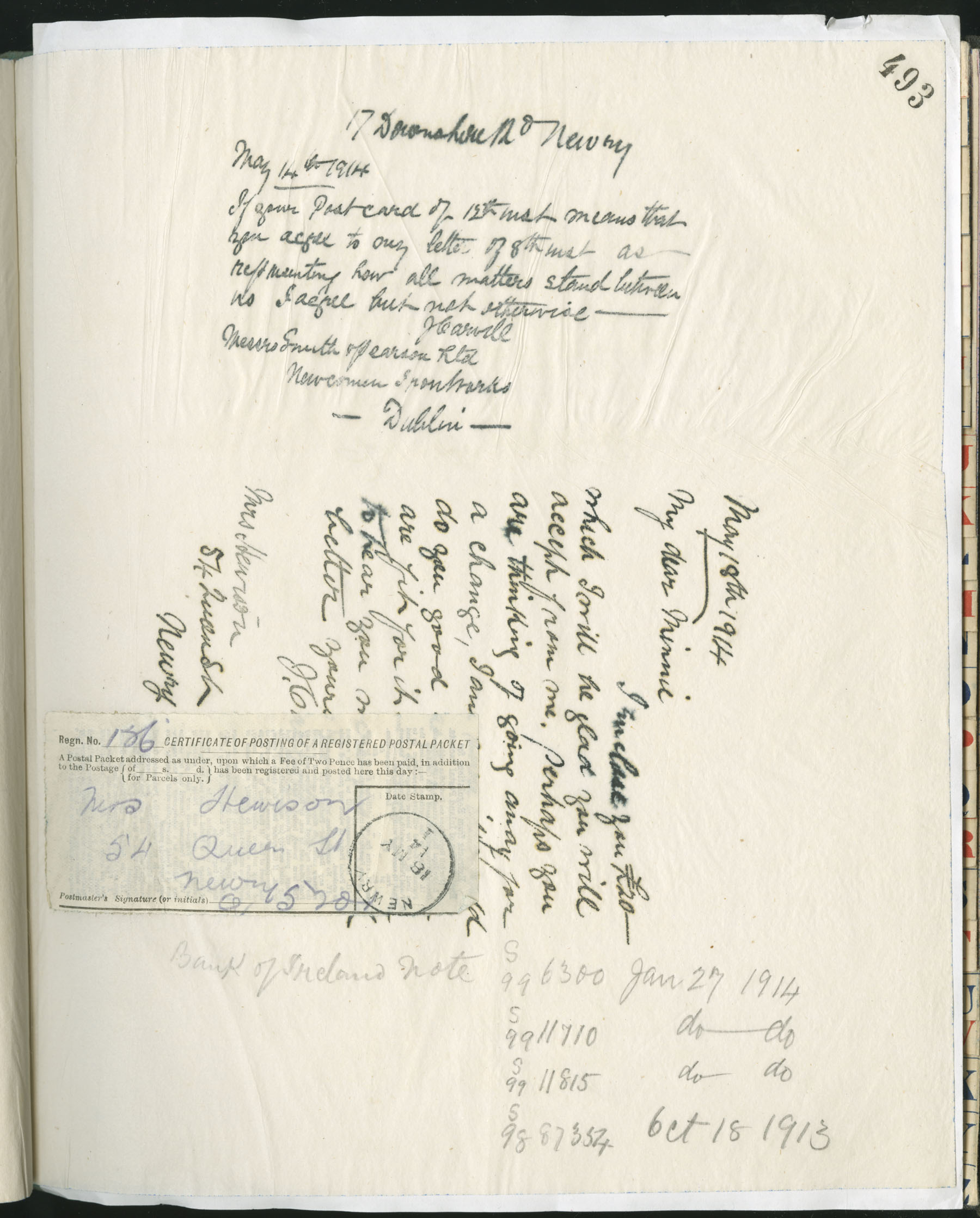 Carvill Letter Books, 1914, page 493 - Letter from J Carvill to Minnie, dated 18 May 1914.  postal receipt only