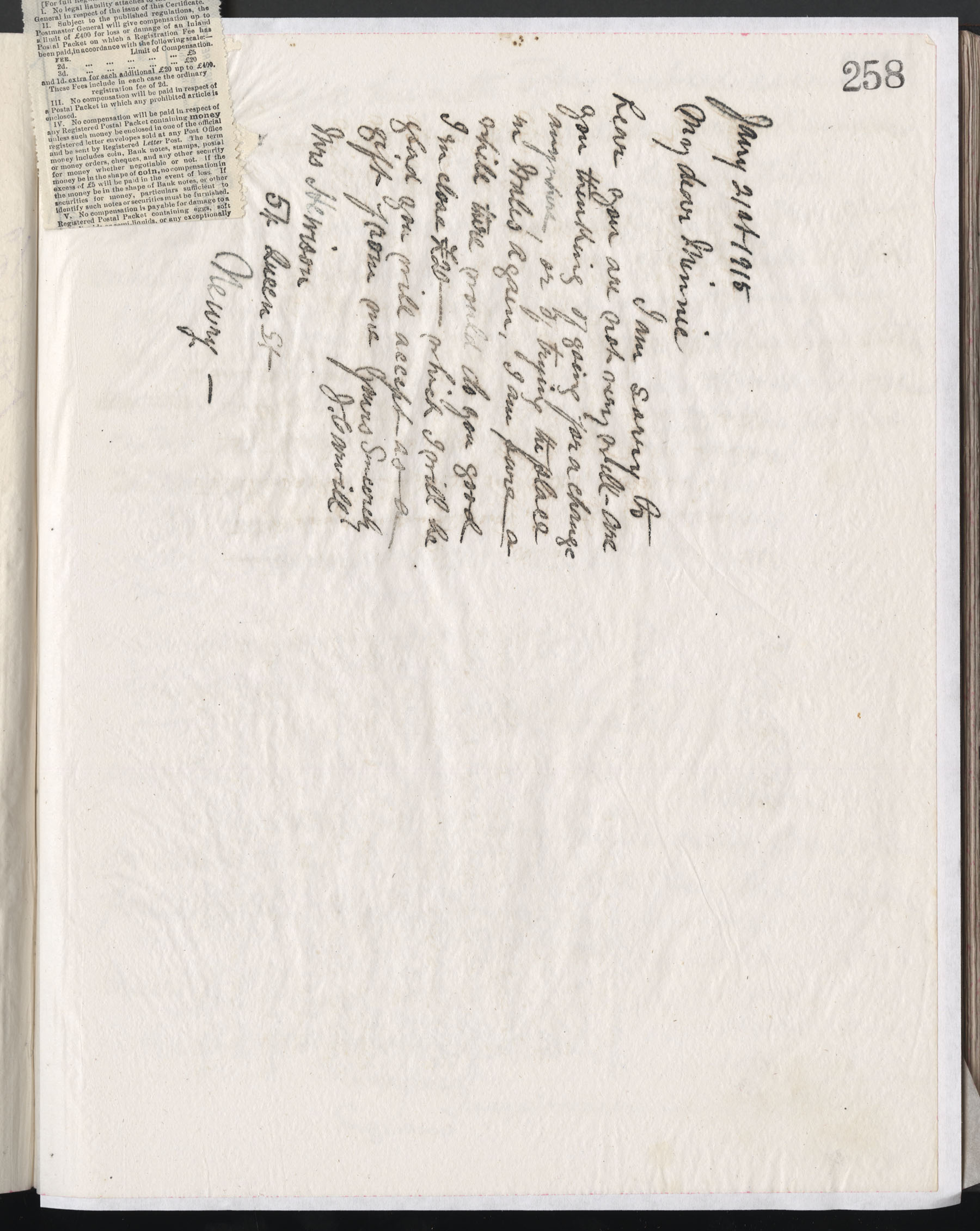 Carvill Letter book, page 258, letter to Mrs Minnie Harrison from Carvill, dated 21 Jan 1915 (sent)