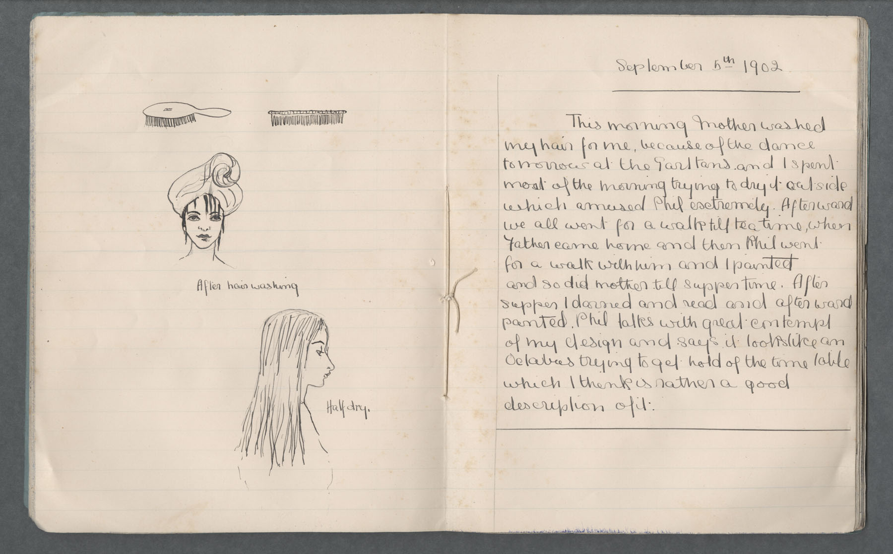 Left page has drawings of Ruth after washing her hair and of comb/brush. Right page are entries about Ruth washing her hair for a dance at Grattan's