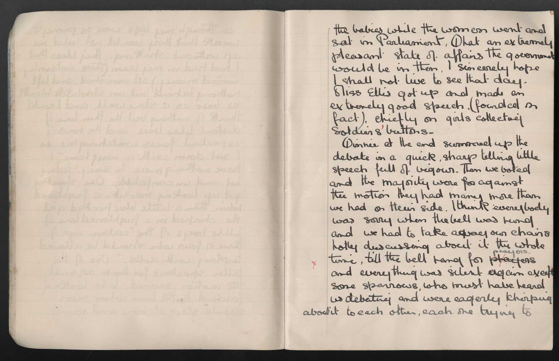 Ruth Martin Carvill's 1903 Composition book, essay entitled "An Account of the Debate", dated 25 February 1903, pg 11-12 of 14