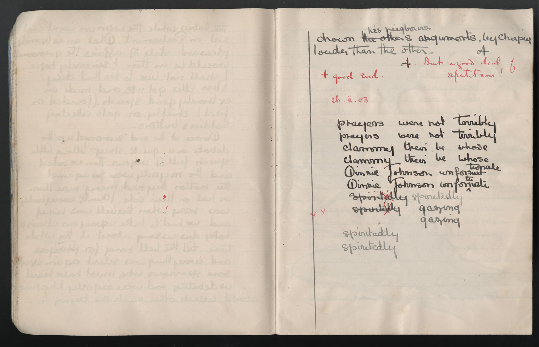 Ruth Martin Carvill's 1903 Composition book, essay entitled "An Account of the Debate", dated 25 February 1903, pg 13-14 of 14