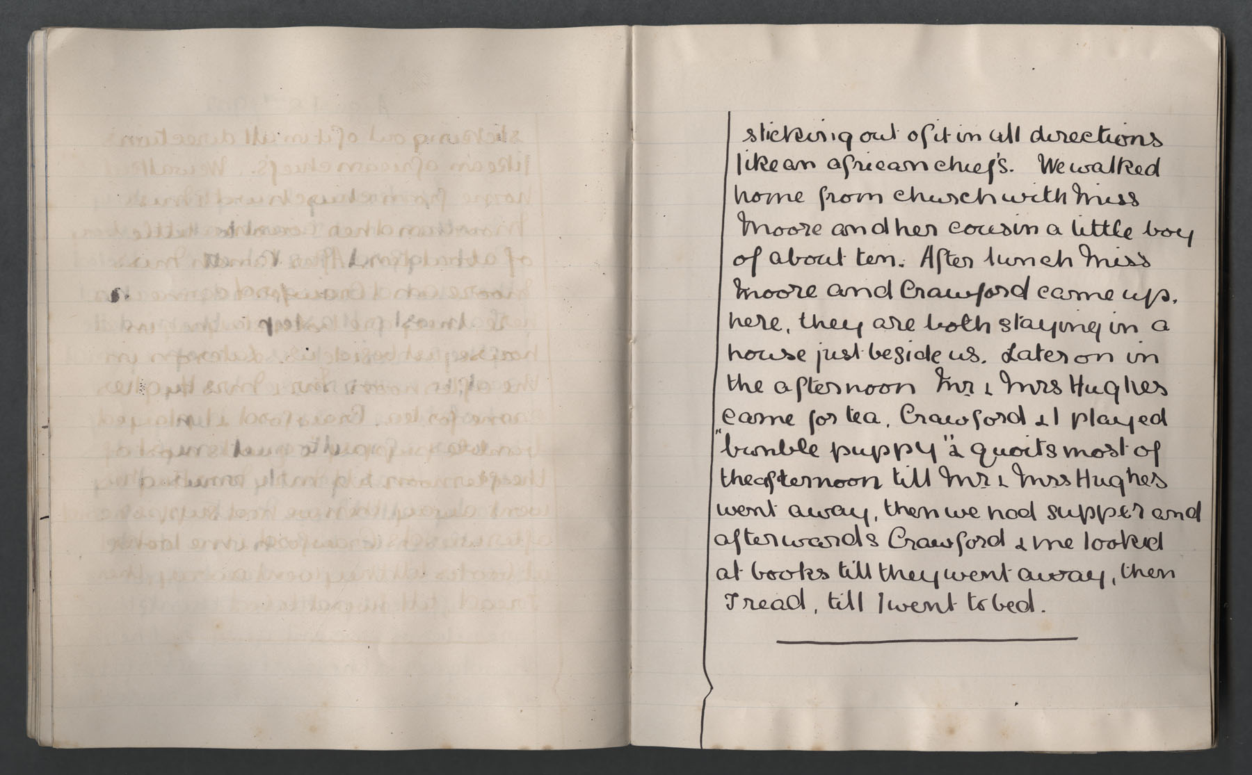 Left page is blank-right page has entries such as 'Crawford and me looked at books till they went away'