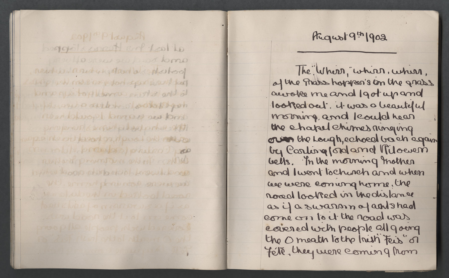Left page blank. Right page: ' I could hear the Chapel chimes ringing over the lough', 'the road was covered with people all going to Omeath to the Irish Feis or Fete',