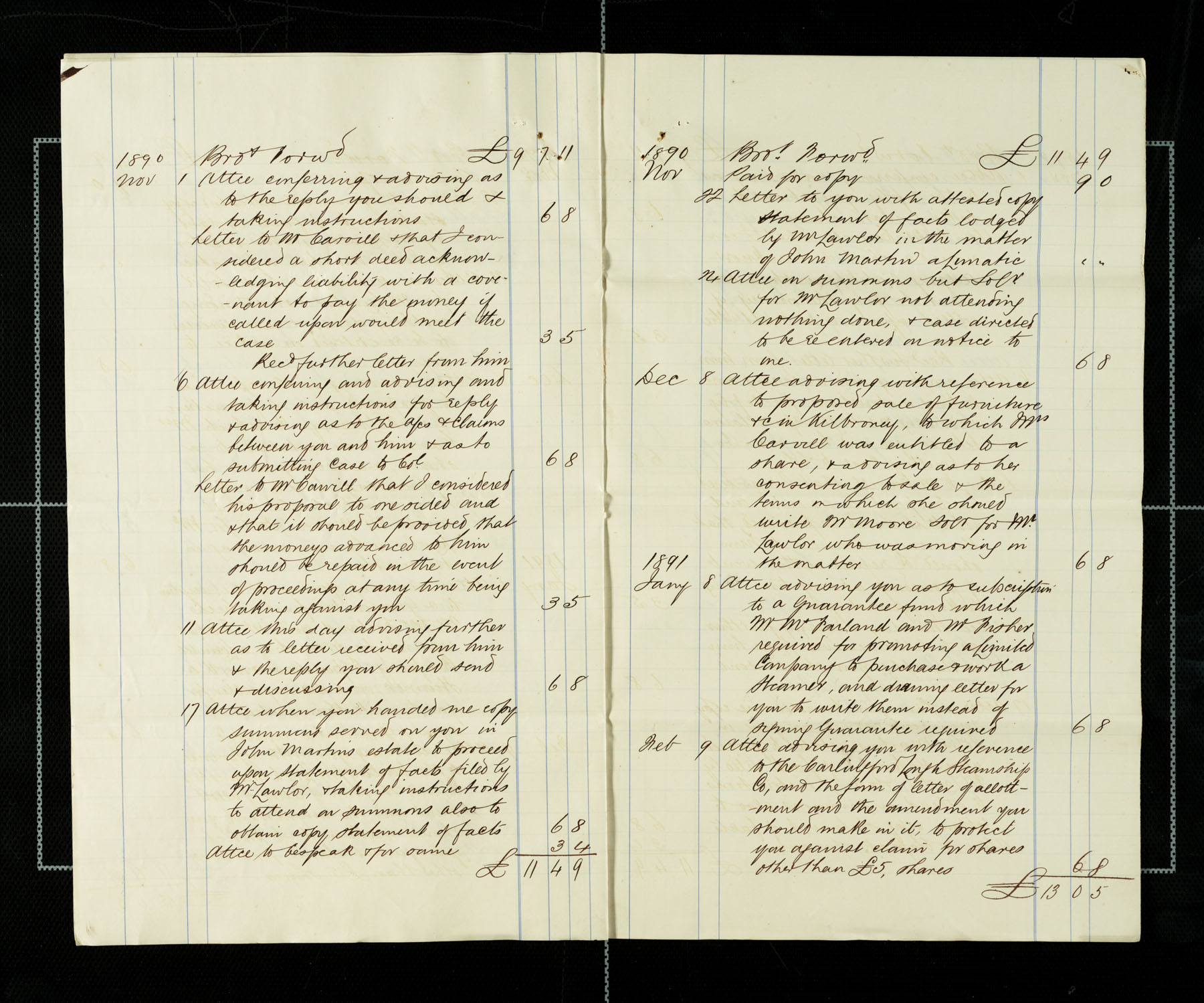 Lawyer bills from Mullan to Carvill, 1890-1891, page 4 &amp; 5 of 7