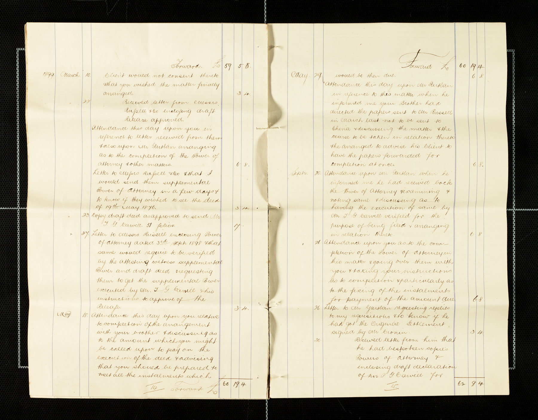 Lawyer bills from Mullan to Carvill, 1898-1900, page 14-15 of 21.