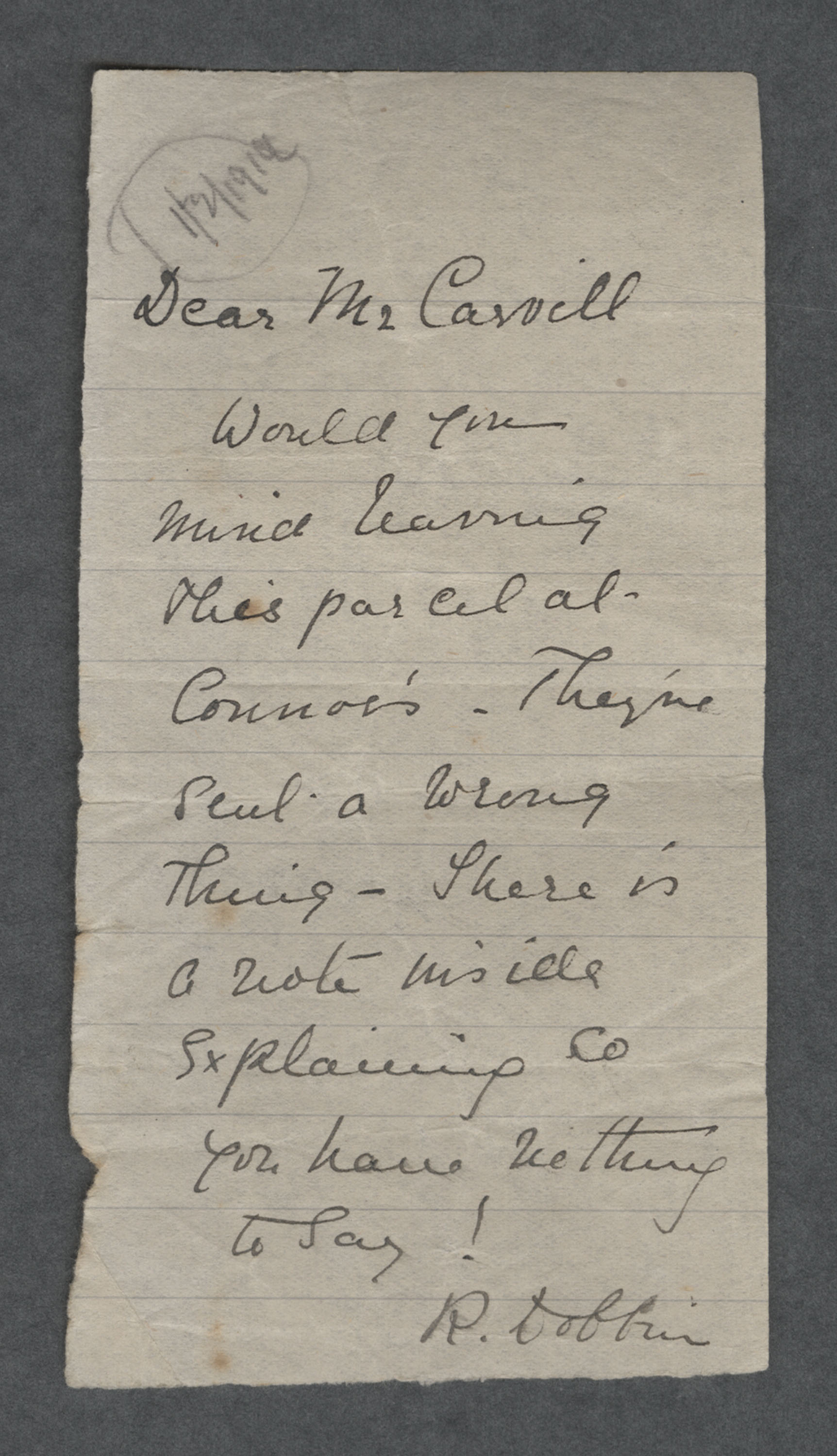 Note from R. Dobbin to Mr. Carvill, dated 1/2/1914, page 1 of 2