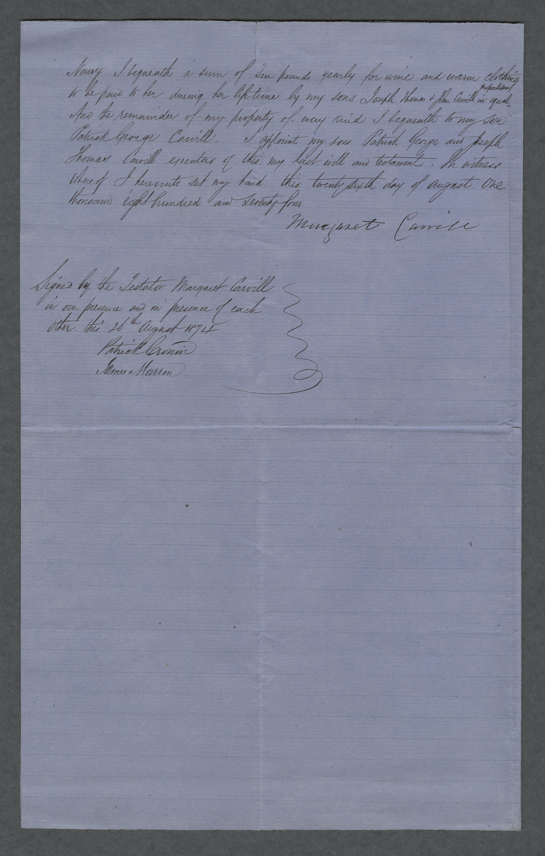 Will of Margaret Carvill of Moygannon, Co Down, dated 26 Aug 1874, pg 2