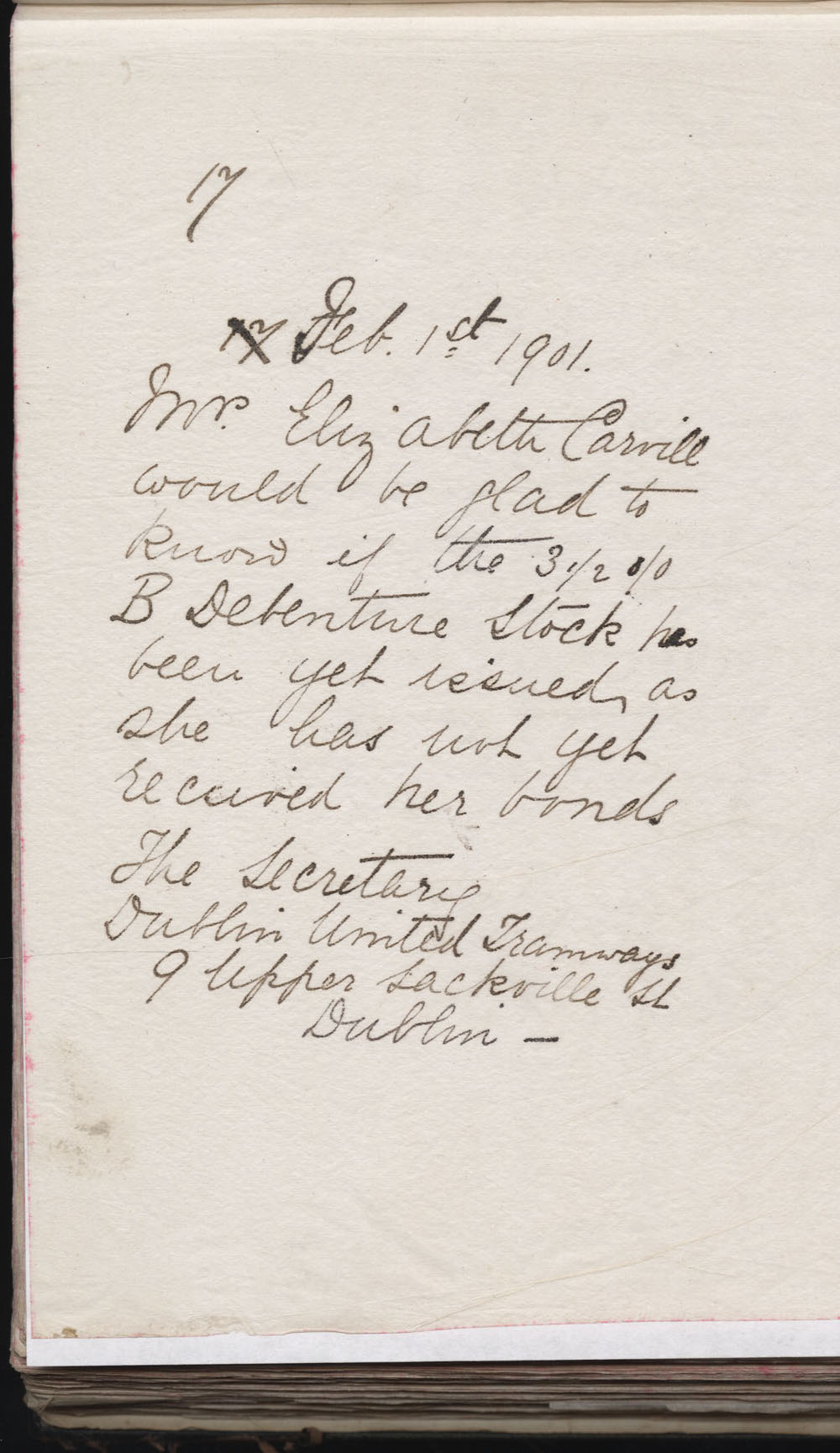 Carvill Letter Book, no page #, inquiry re: missing Debenture stocks, dated 1 Feb 1901