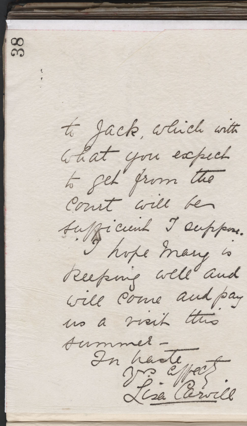 Carvill Letter Books, 1901, page 38 - letter from Lisa Carvill to her brother-in-law Willie, dated 18 May 1901, page 2 of 2